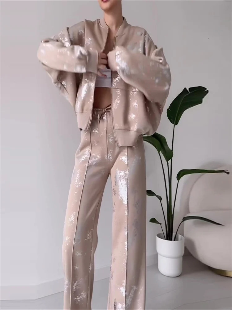 Sequined Zipper Women Coat Suit Long Sleeve Turndown Collar Lady Jacket Set 2024 Casual Sport Wide Leg Fashion Female Pant Sets 241129
