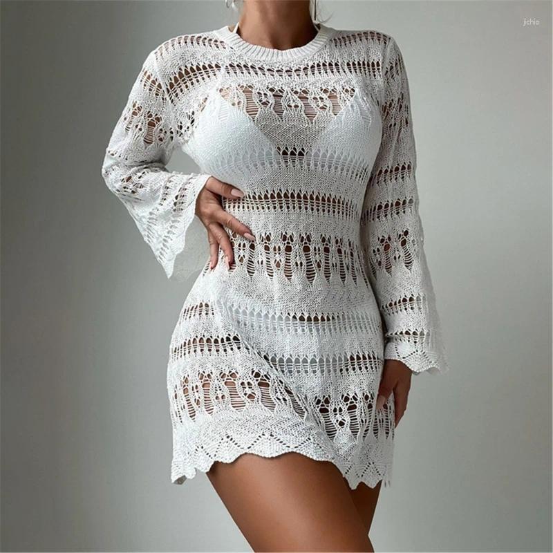 Hollow Out Crochet Beach Wrap Dress Long Sleeve Swimsuit Women Bathing Suit Coverup For Parties