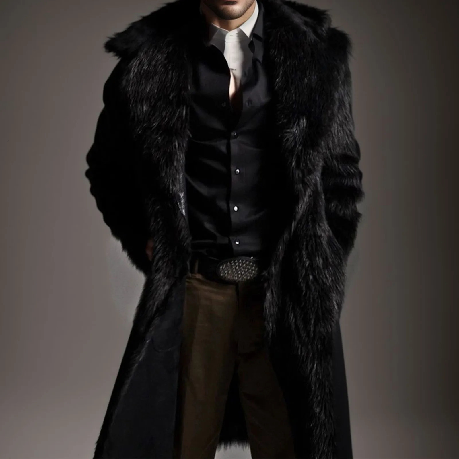 Coat Mens Warm Faux Fur Loose Autumn Winter Brown Long Coats Turn Down Collar Sleeve Men High Waist Maxi Elegant 2024 Jacket 241120