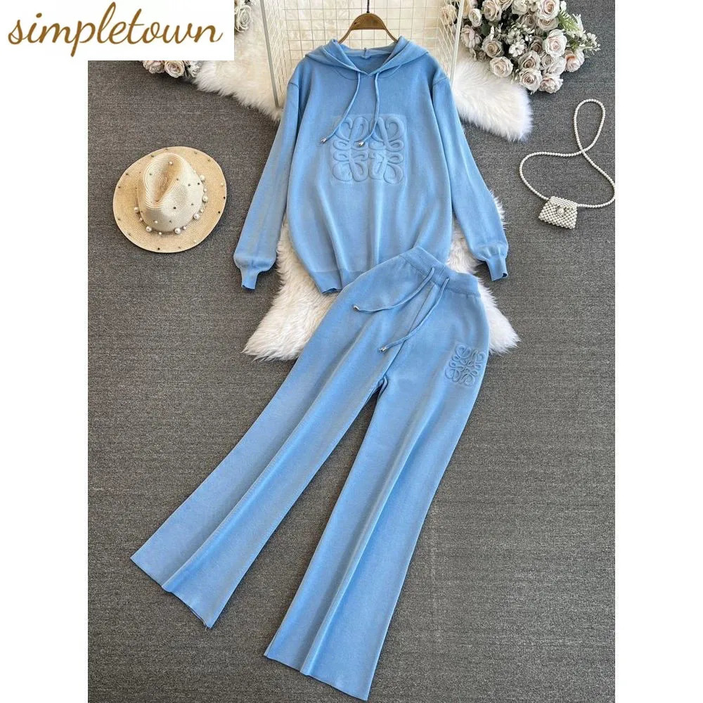 Fashion Suit Womens Korean Version Loose Knit Hooded Top Casual High Waist Slimming Straight Leg Wide Pants Twopiece Set 241129