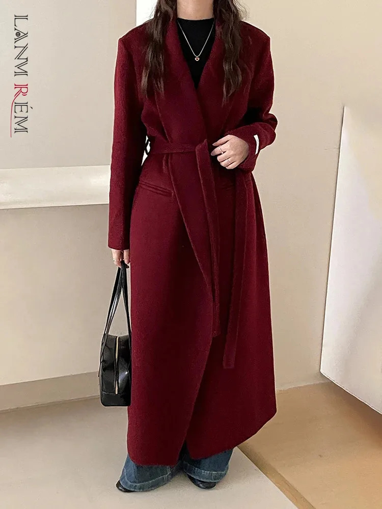 LANMREM Womens Belt Gathered Waist Wool Coats Notched Long Sleeve Office Lady Warm Female Outwear 2024 Winter 26C1186 241129