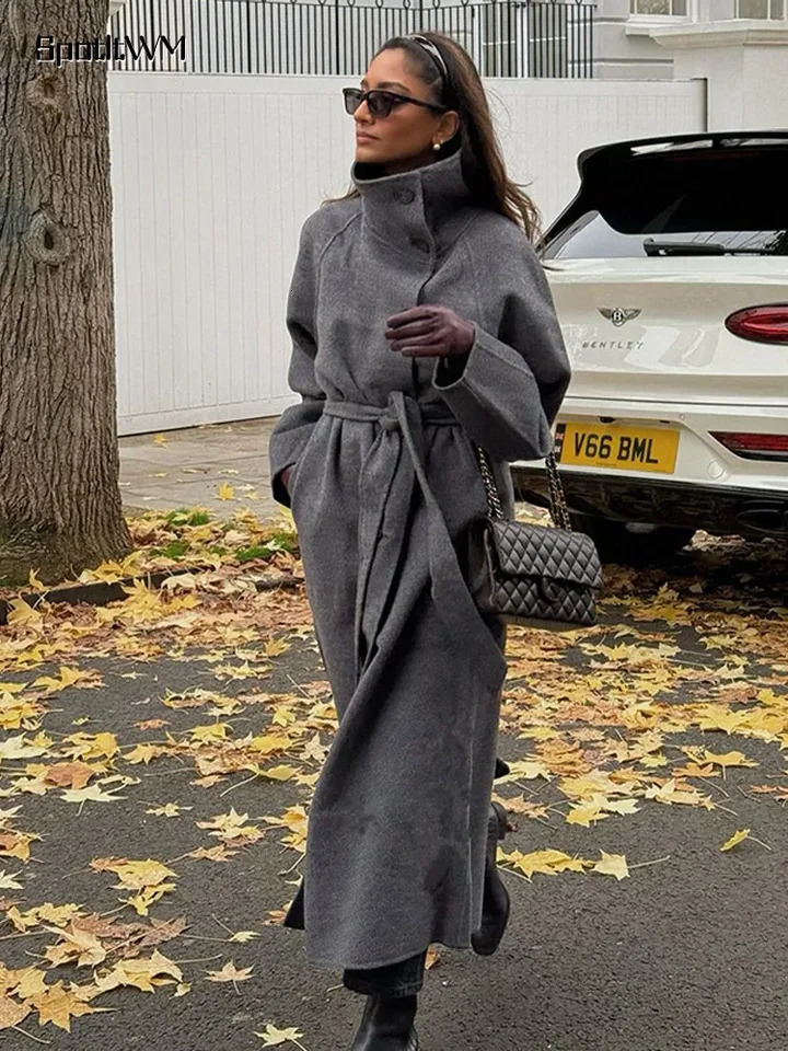 Elegant Winter Lace Up Stand Collar Woolen Blends Coat Women Single Breasted Full Sleeve High Waist Jacket Office Streetwear 241129