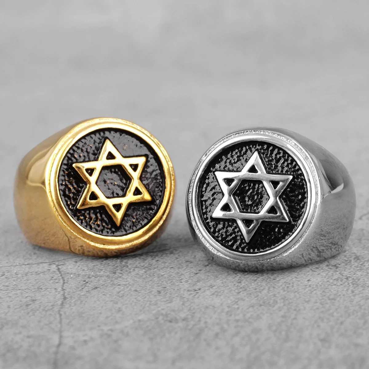 Band Rings Jewish Hexagonal David Star Stainless Steel Mens Ring Punk Hip Hop Mens Bicycle Jewelry Creative Gift Wholesale J240429