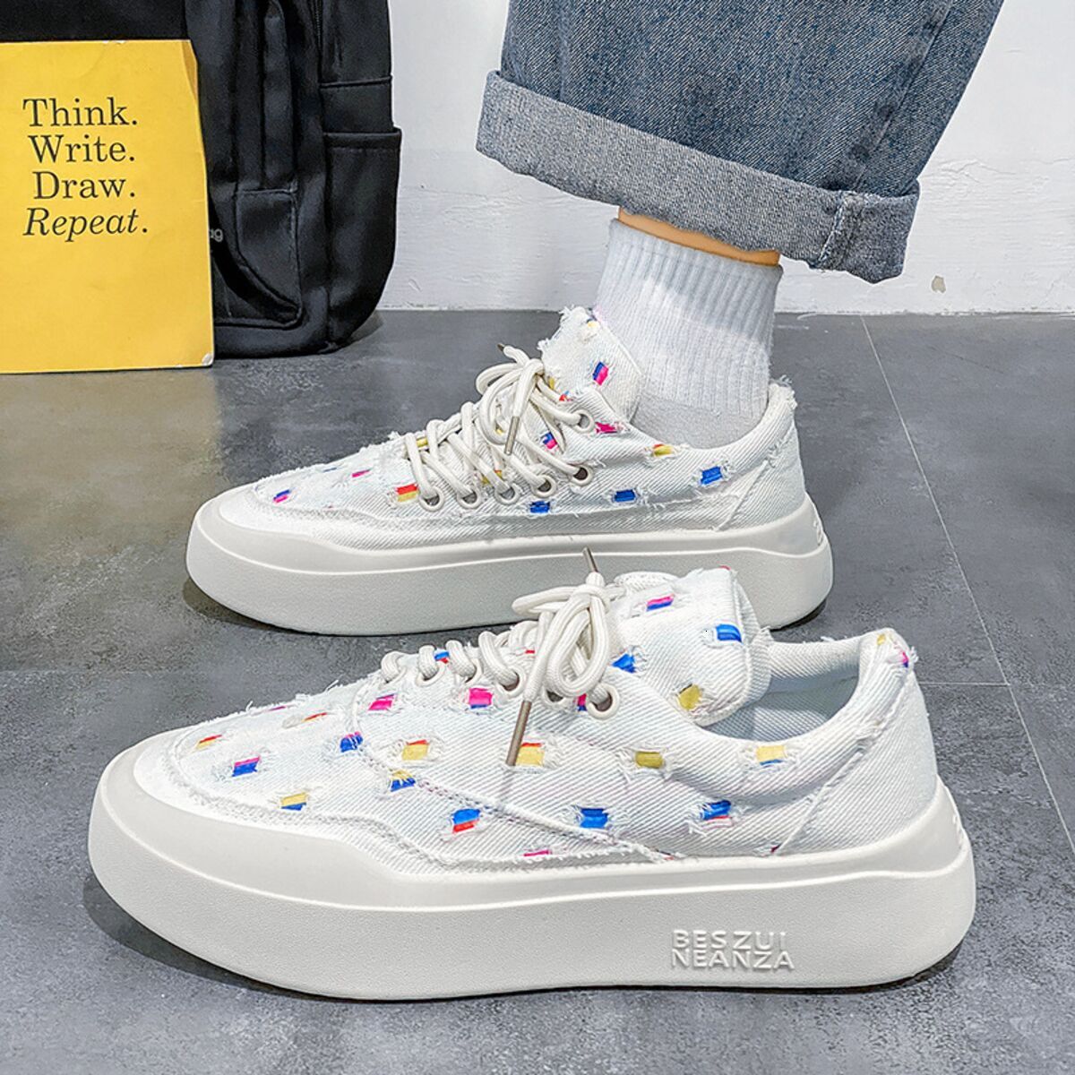 New men's flat bottomed work and leisure board with leather surface, low cut elastic band, multifunctional white shoes, men's shoes, designe