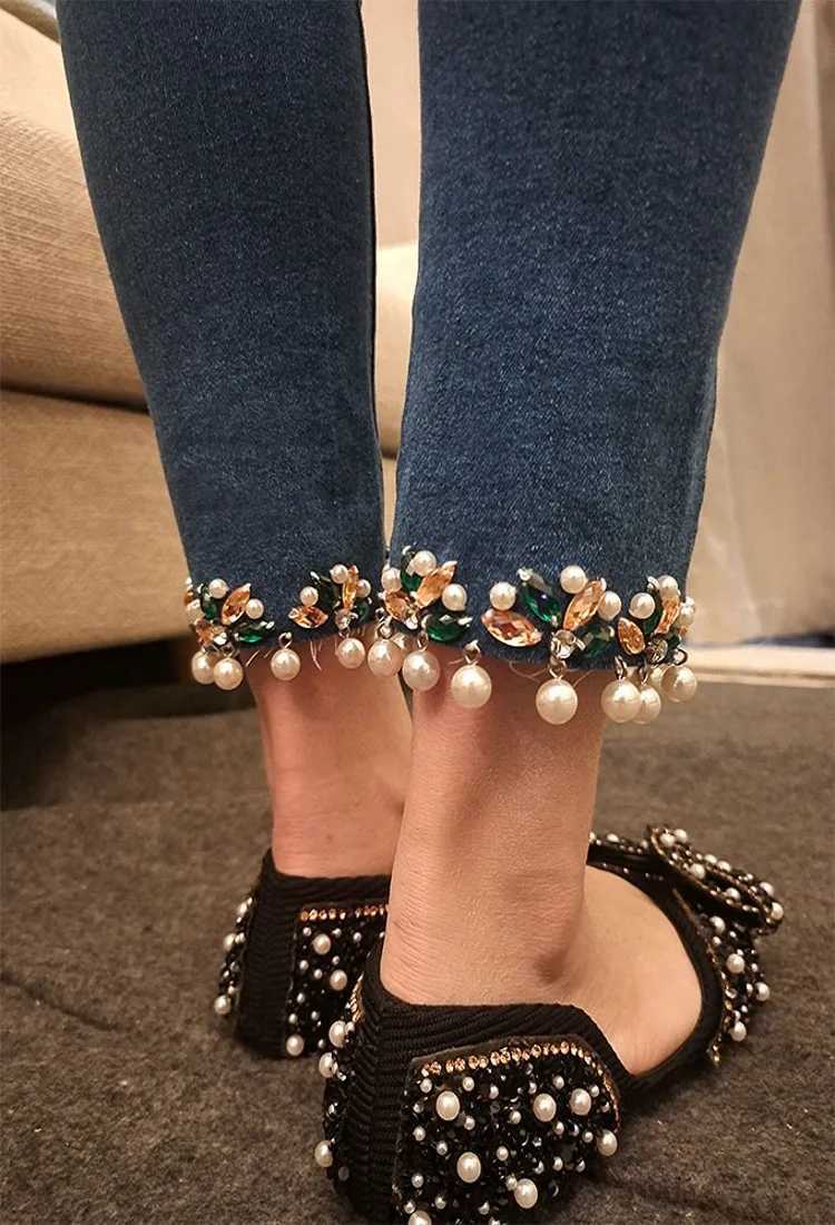 Women's Jeans Fashionable womens blue diamond bead denim pants ankle length pearls spring jeans mens slim fit pencil pants H241130