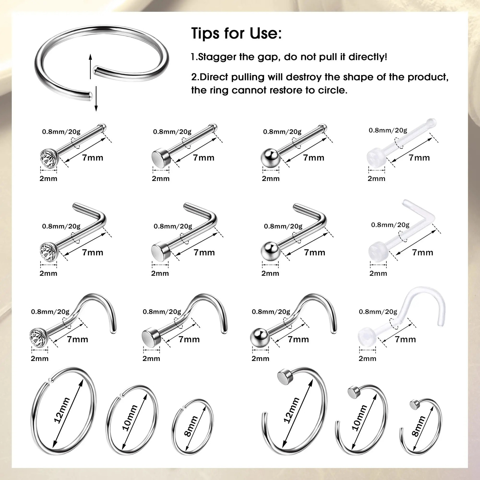 1PCS Hypoallergenic Nose Ring Studs for Sensitive Skin 20G Hoops Women Men 2mm Small Piercing Jewelry 241125