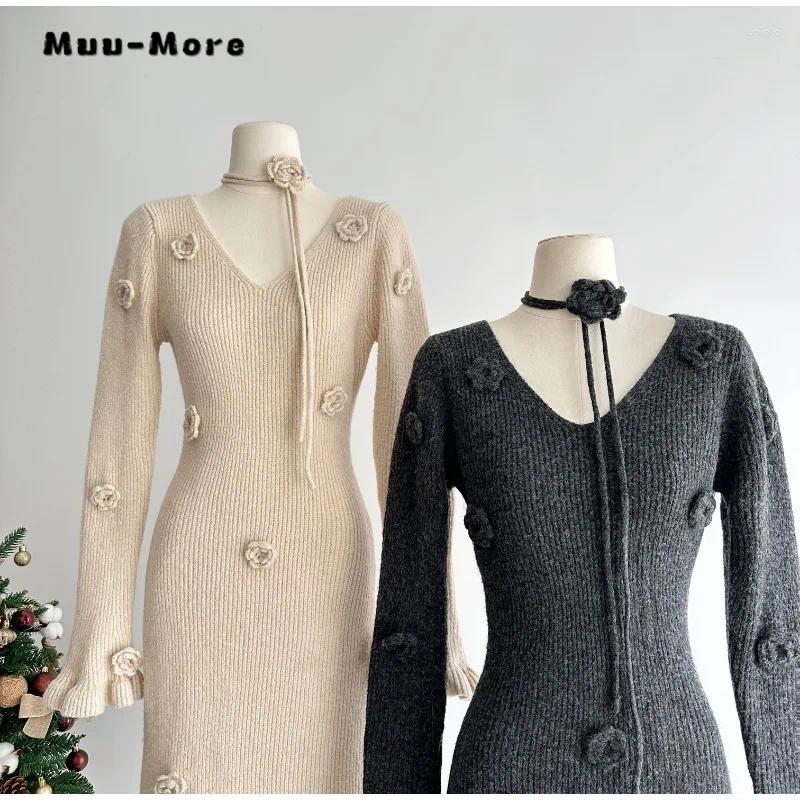 Casual Dresses 2024 Spring Vintage Long Sleeve Female Solid Color Midi Women Elegant V-neck Knitting 3D Floral A-Line Dress