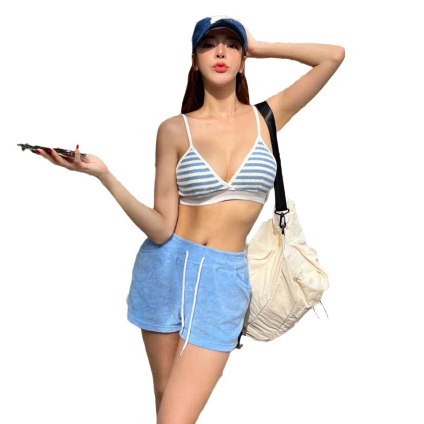 Women's Swimwear New blue striped bikini high waisted shorts womens beach swimsuit swim H241130