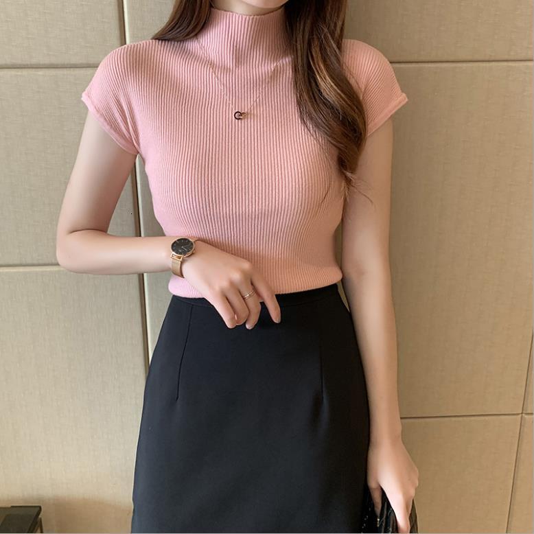 New semi high neck women's sleeve knitted shirt short slim fit top paired with tight designer trendy sweater