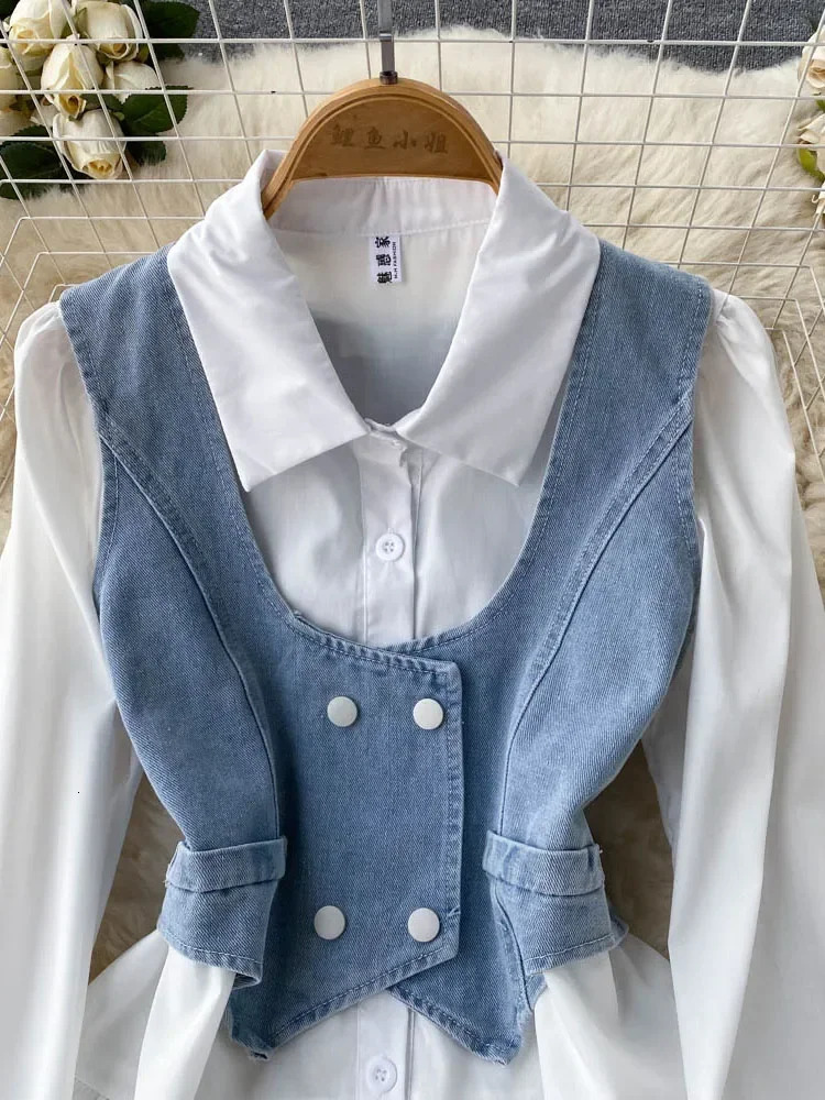 Women Spring Autumn Dress Sets Korean Temperament High Quality Elegant White Shirt Short Denim Vest Top Two D4770 241129