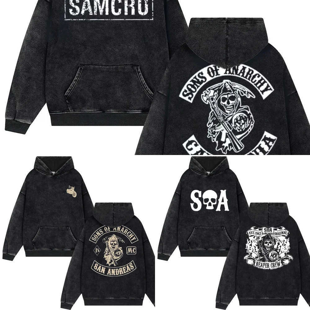Men's Hoodies Sweatshirts Sons of Anarchy SAMCRO Print Vintage Washed Hoodies Men Women Trend Hip Hop Oversized Tops Pullover Y2k Hip Hop Trend Strtwear H241023 Z9Z4