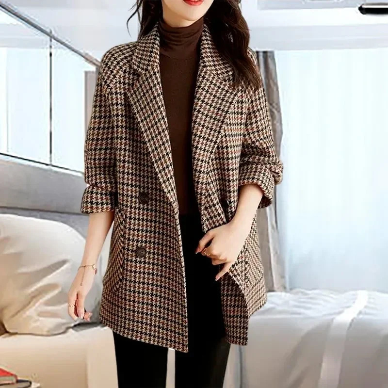 Plaid Women Wool Blends Coats Autumn Winter Overcoat Korean Fashion Mid Length Jacket Loose Lapel Outerwear Topcoat 241121
