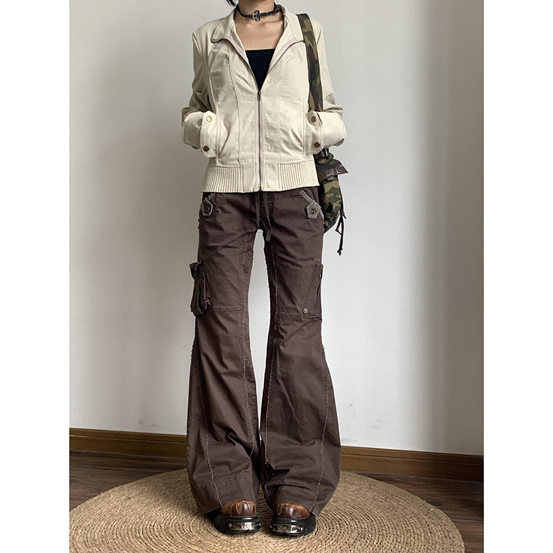 Brown Spliced High Rise Flare Jeans For Women Streetwear Y2k Aesthetic Cargo Jean Pants Vintage Denim Trousers Grunge Fairycore