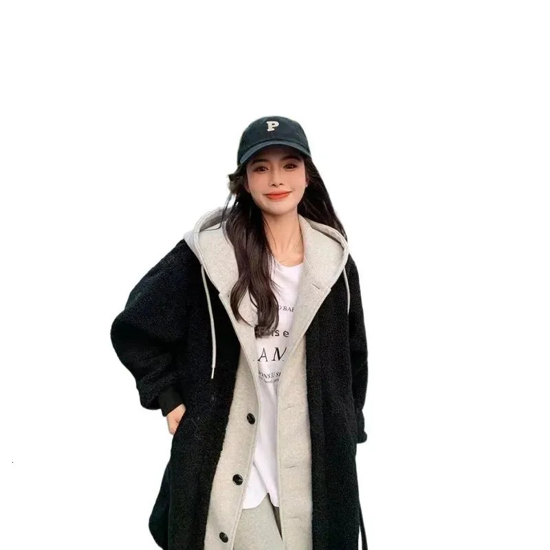 Chicautumnwinter Long Wool Jacket From Korea Versatile Loose Fit Fashionable Hooded Trendy Three Colors 241129