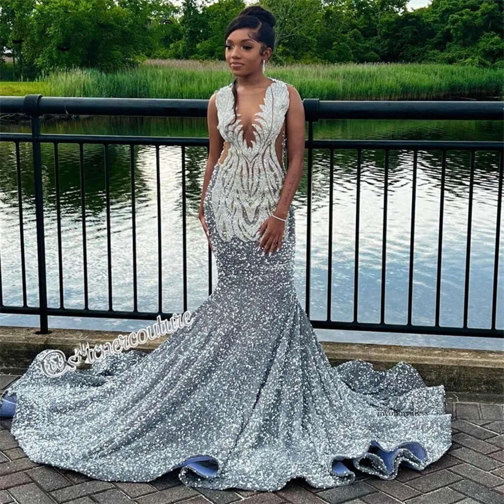 Sexy Glitter Mermaid Prom Dress 2022 For Black Girls Sheer Neck Beading Sequins Aso Ebi Party Gowns Vestidos De Fiesta 0431