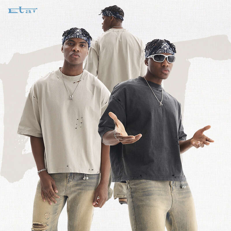 Retro Teen Solid Color High Quality Heavy Short Sleeve Men's American Street Style 100% Cotton Loose T-Shirt B4