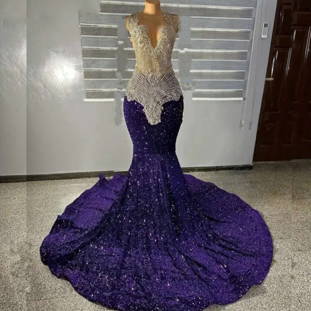 Elegant Purple Prom Dresses 2024 Zipper Back Crystal Sequin Mermaid Rhinestone Party Gowns Evening Wear Robe De Mariage 0431