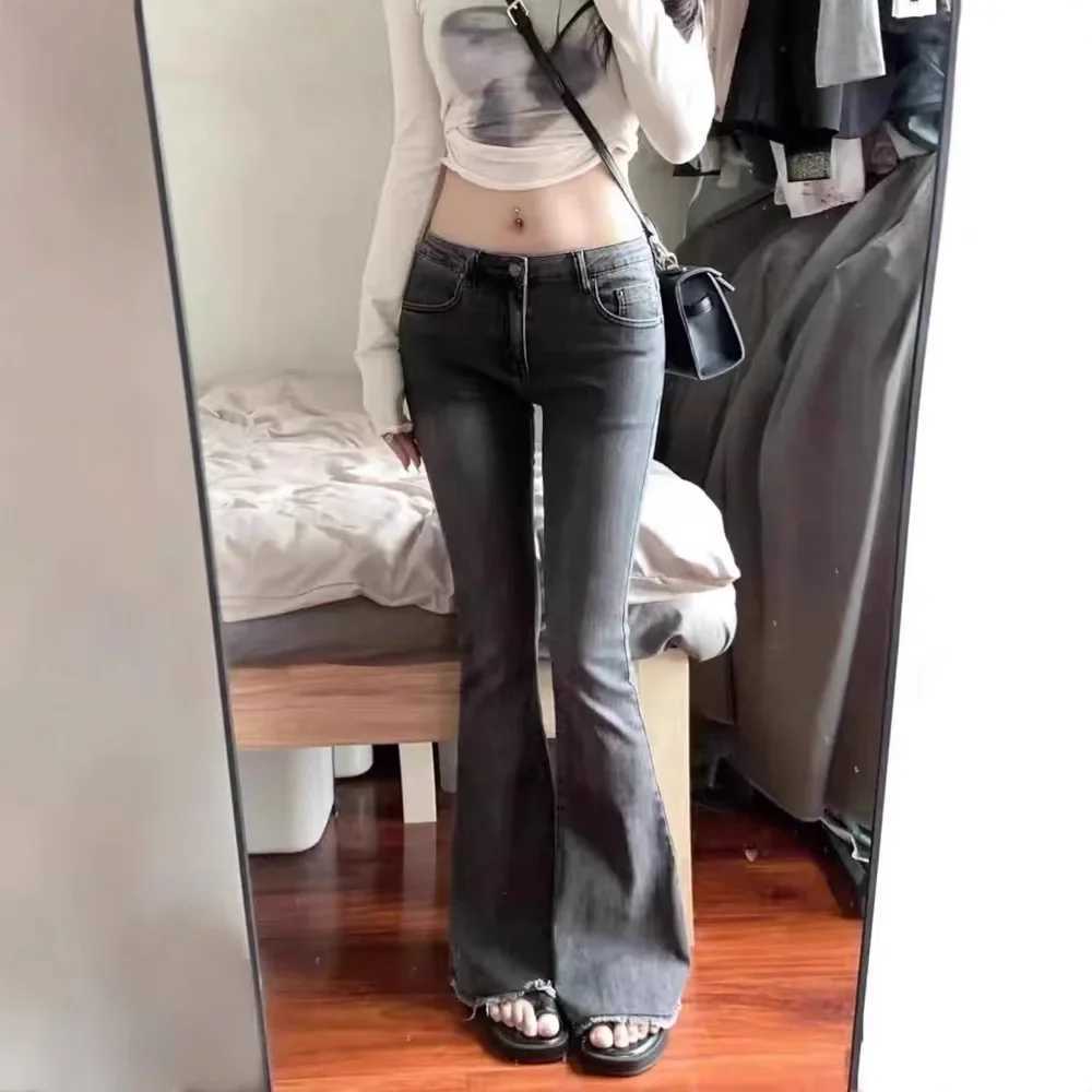 Women's Jeans American style weight loss edge jeans womens autumn retro low waist micro flame denim elastic band ultra-thin decal denim H241130