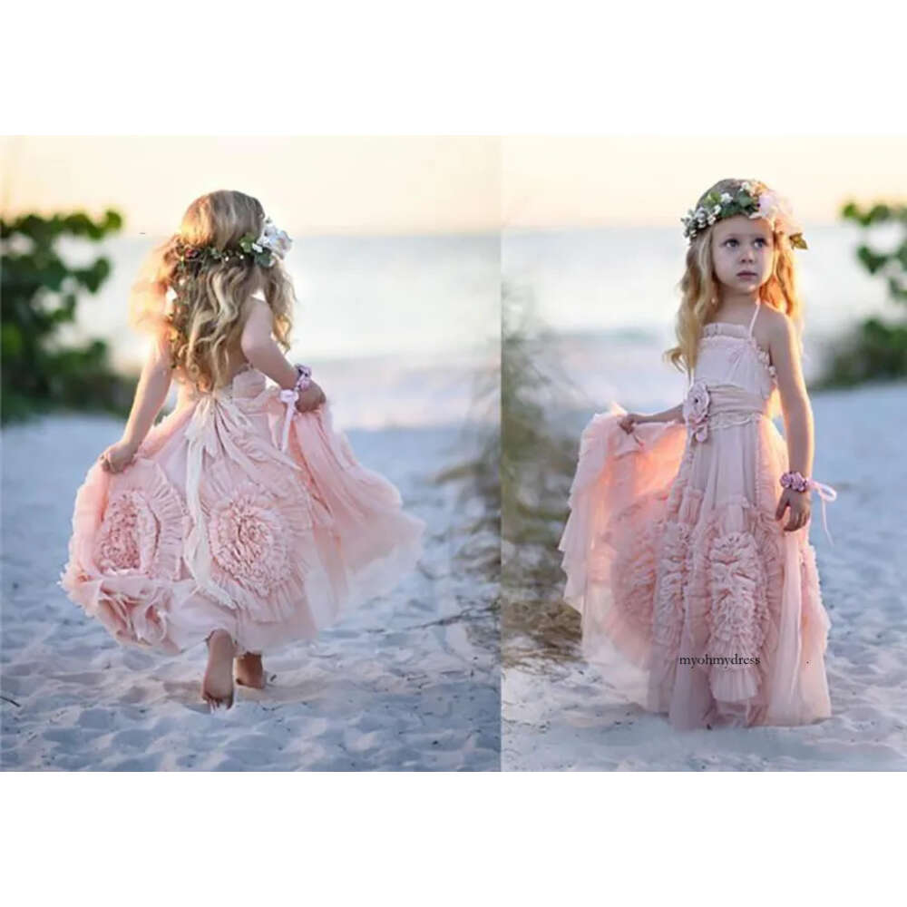 Custom Made Pink Flower Dresses For Wedding 2022 Lace Applique Ruffles Kids Formal Wear Sleeveless Long Beach Girls Pageant Gown 0431