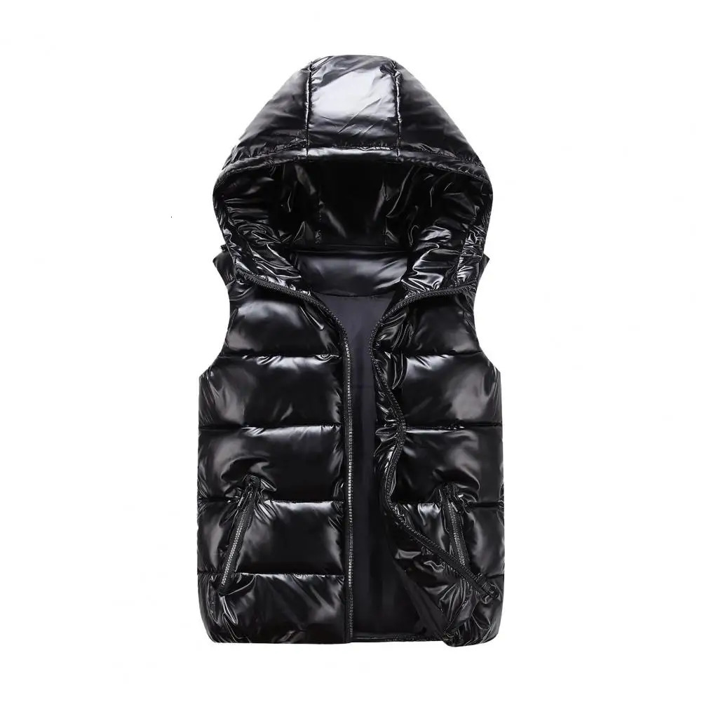 Warm Men Zippered Vest Mens Cotton Hooded Sleeveless Quilted with Zipper Placket Pockets Autumn Winter Solid Color Glossy 241129