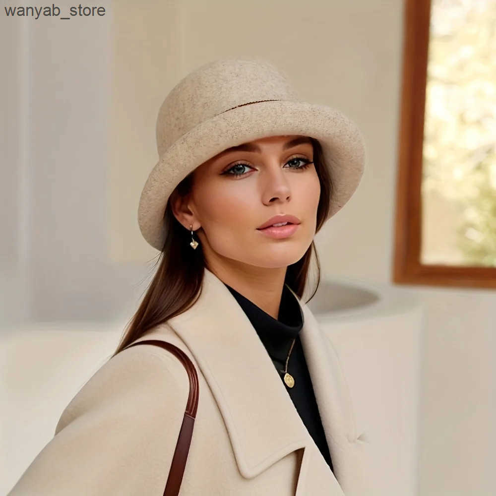 Wide Brim Hats Bucket Hats Autumn and winter hats new Korean version felt hat round top fashionable curled edge small top hat womens wool basin hat d 