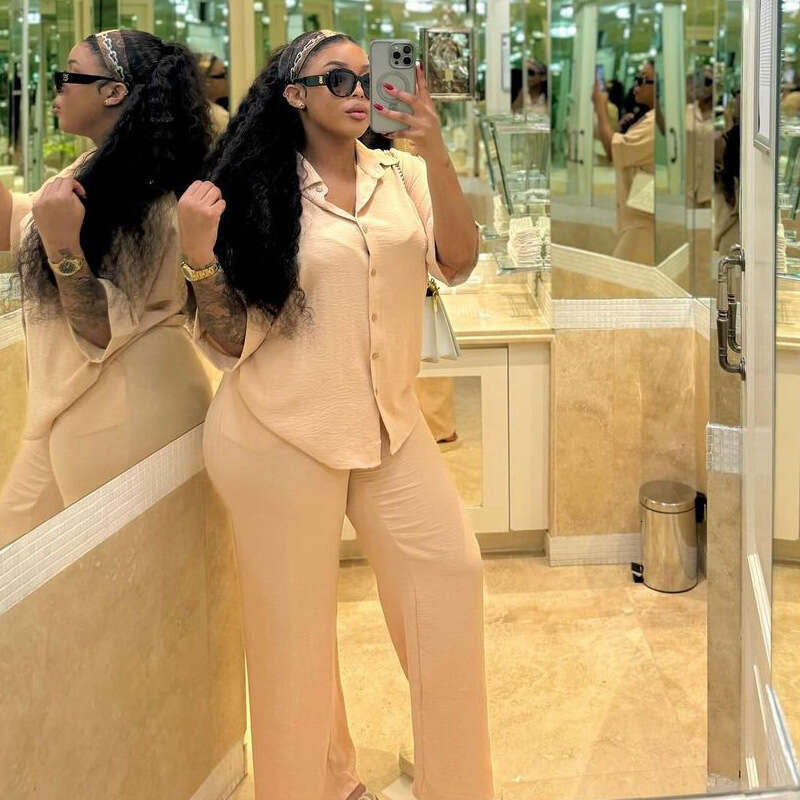 African Fashion Casual Loose Short Sleeved Shirt Cardigan Pants Women's Two-Piece Set Women