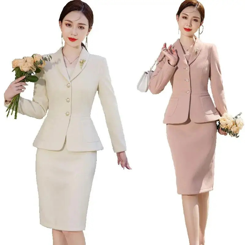 2023 Autumn Work Wear Womens Suit Elegant Solid Blazer Sleeveless Dress 2 Piece Set Single Breasted Jacket Plus Size S5XL 241129