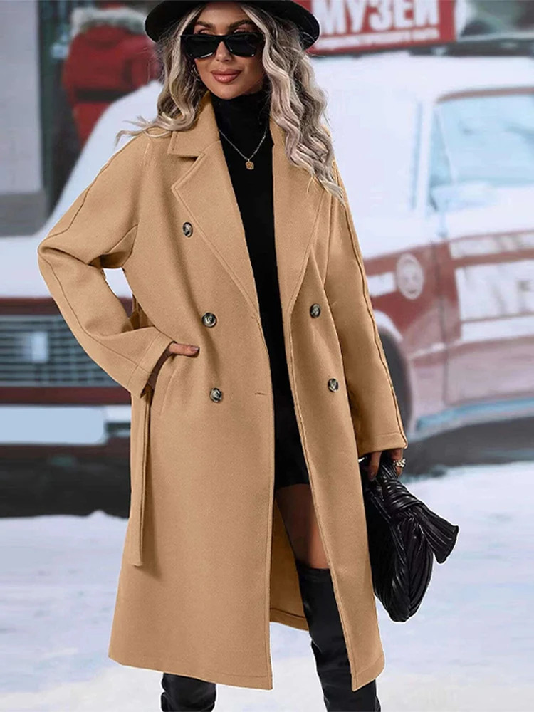 Loose Wool Overcoat Laple DoubleBreasted With Belted Long Sleeve Female Trench Coat 2024 Autumn Winter Lady Windbreaker 241129