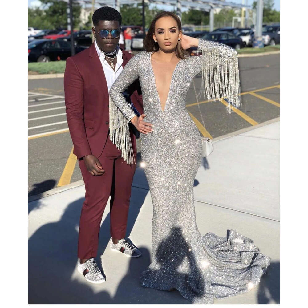 Glitter Sequin Mermaid Tassel Sier Prom Dresses Long Sleeves Plus Size Deep V-Neck African Graduation Party Gowns Formal Dress 0431