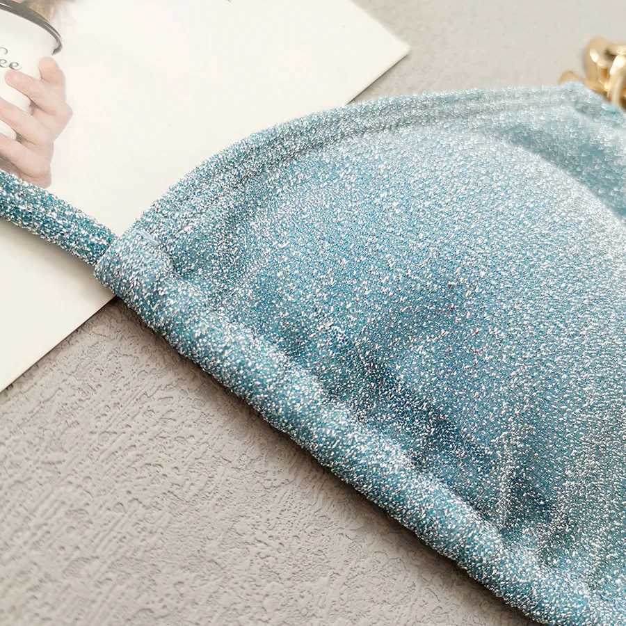 Women's Swimwear Sexy and shiny mini bikini women 2024 new metal chain 2-piece swimsuit triangle hanging backless swimsuit lace swimsuit H241130