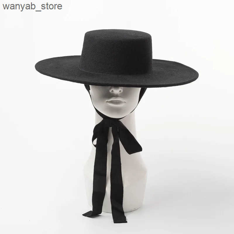 Wide Brim Hats Bucket Hats New fashion simple woolen top hat ladies wool felt bandage flat hat L240910