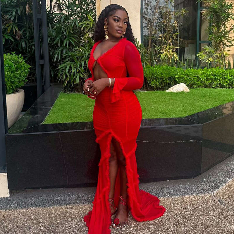 African Women's Fashion European And American New Hollowed Out Slim Fit Fish Tail Or Mop Dress For Women