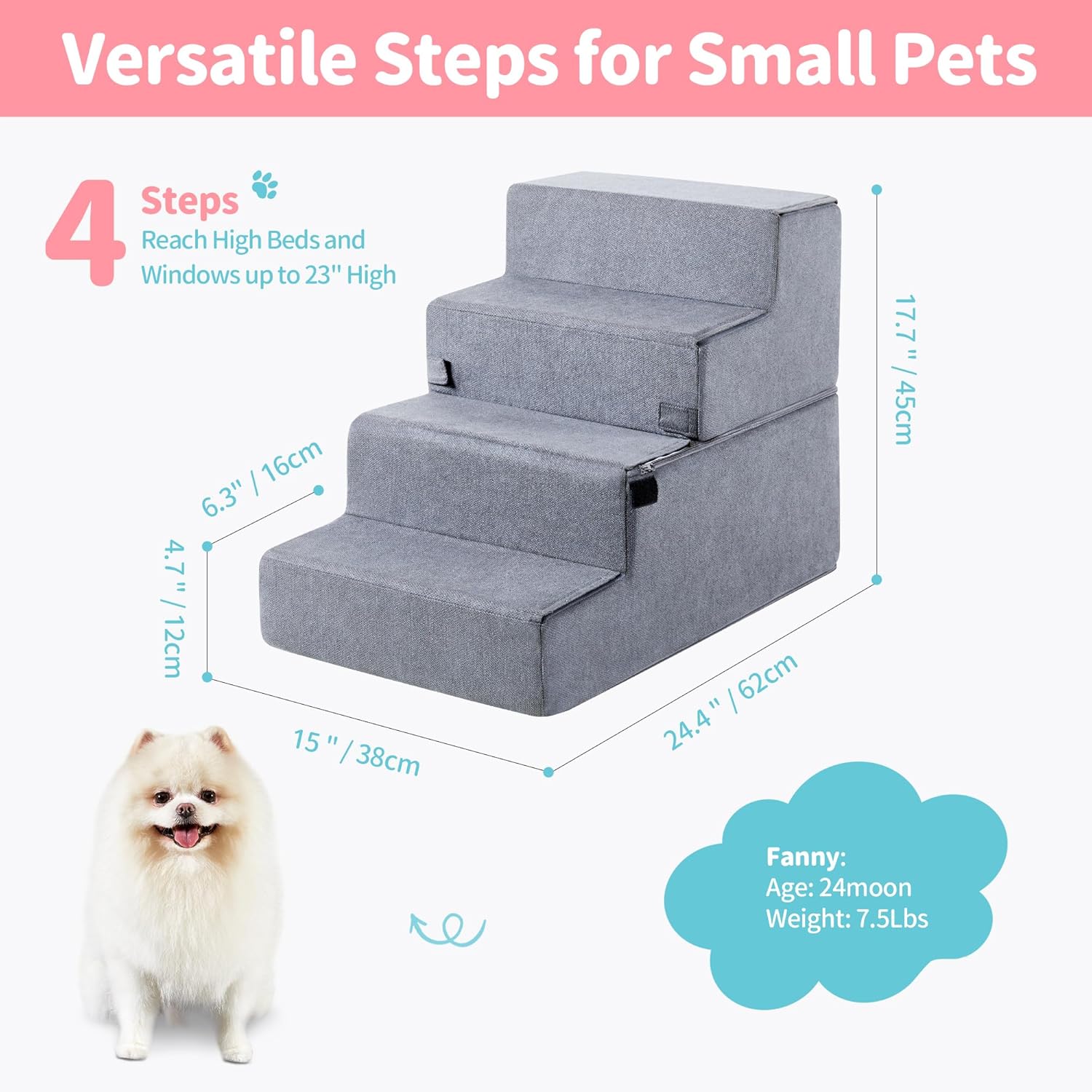 Made4Pets Dog Stairs for Small Dogs, Foldable Pet Step Dog Ramp for High Bed Couch Sofa, High-Density Foam 4-Step with Removable Cover for Older Doggi