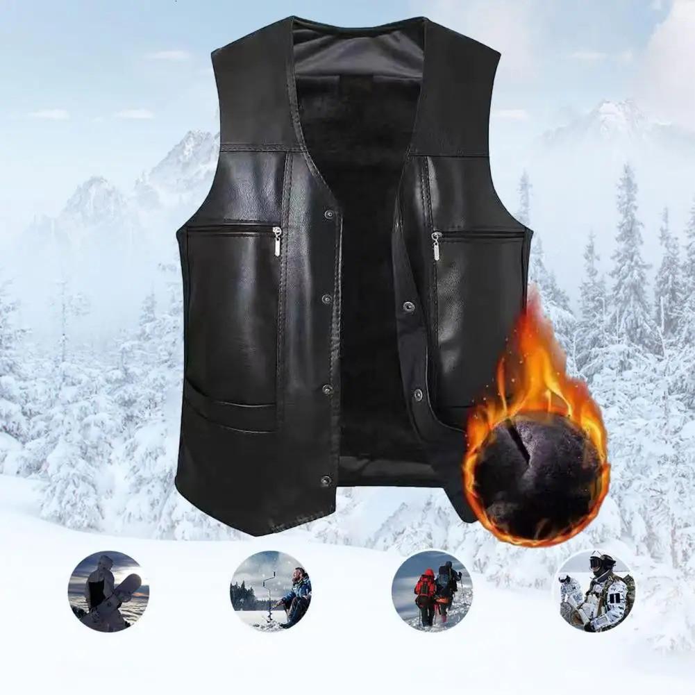 Men Fall Winter Vest Faux Leather Thick Plush Sleeveless Coat Warm Windproof Midaged Father Waistcoat 241129