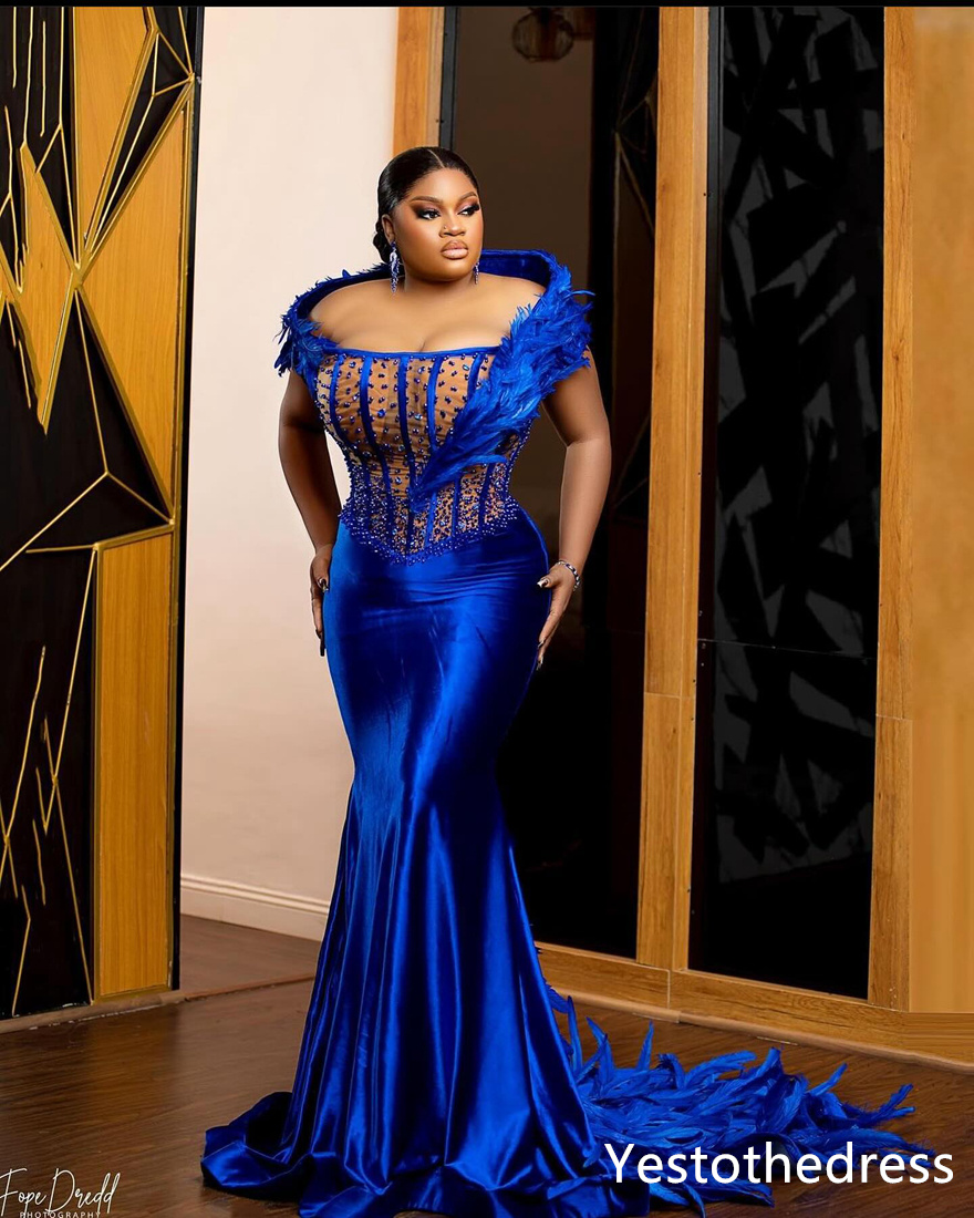 R&W 2024 Plus Size Prom Dresses for Black Women Promdress Feathered Portrait Beaded Veet Birthday Dress Second Reception Gowns Engagement Gown Vestido