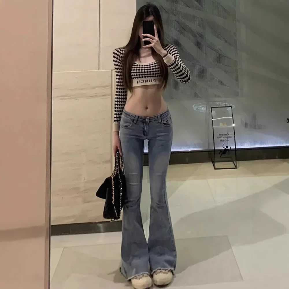 Women's Jeans American style weight loss edge jeans womens autumn retro low waist micro flame denim elastic band ultra-thin decal denim H241130