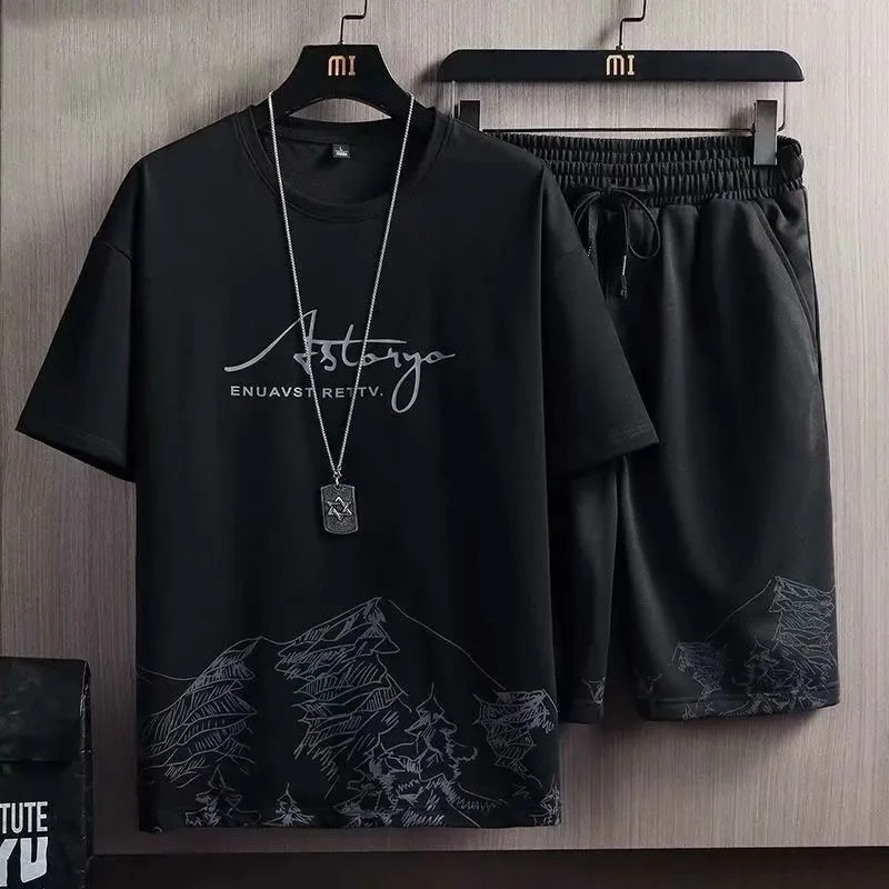 Summer Fashion Letter Printed Short Sleeve Tshirt And Shorts Two Piece Sets Quick Drying Loose Mens Tracksuit 240419