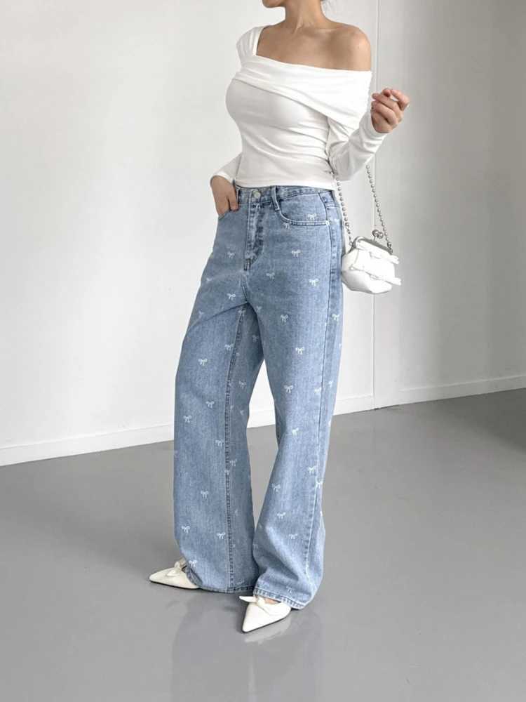 Women's Jeans Womens light blue jeans pants Korean bag bow decorative high waisted straight leg pants womens casual printed buttons H241130