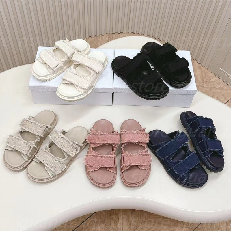 10A Premium Designer Canvas Sandals with Gold Metal Logo Women's Summer Vocation Slippers with Platform 27144 27153 27981