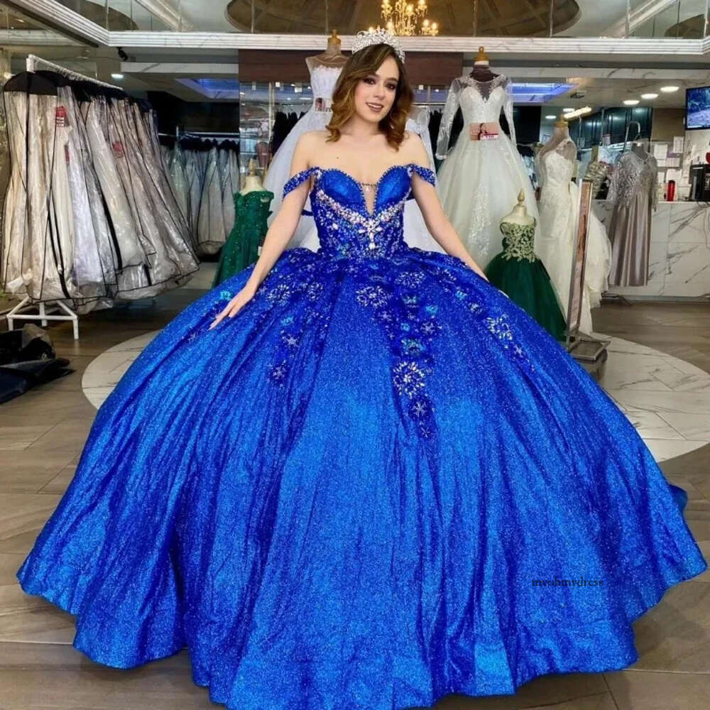 Blue Glitter Crystal Sequined Ball Gown Quinceanera Dresses Off The Shoulder Applique Lace Beading Corset Vestidos De 15 Anos 2024 0431