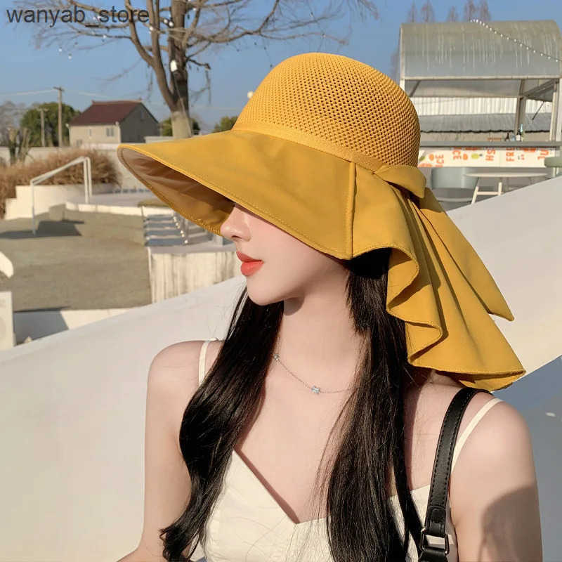 Wide Brim Hats Bucket Summer hat for womens outdoor tourism sun protection shading mesh shawl face bucket L240910