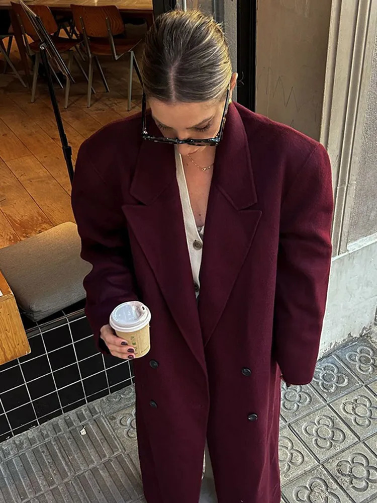 Women Burgundy Red Color Lapel Long Coat Elegant Chic Double Breasted Sleeve Overcoats Autumn Oversize Casual Streetwear 241121