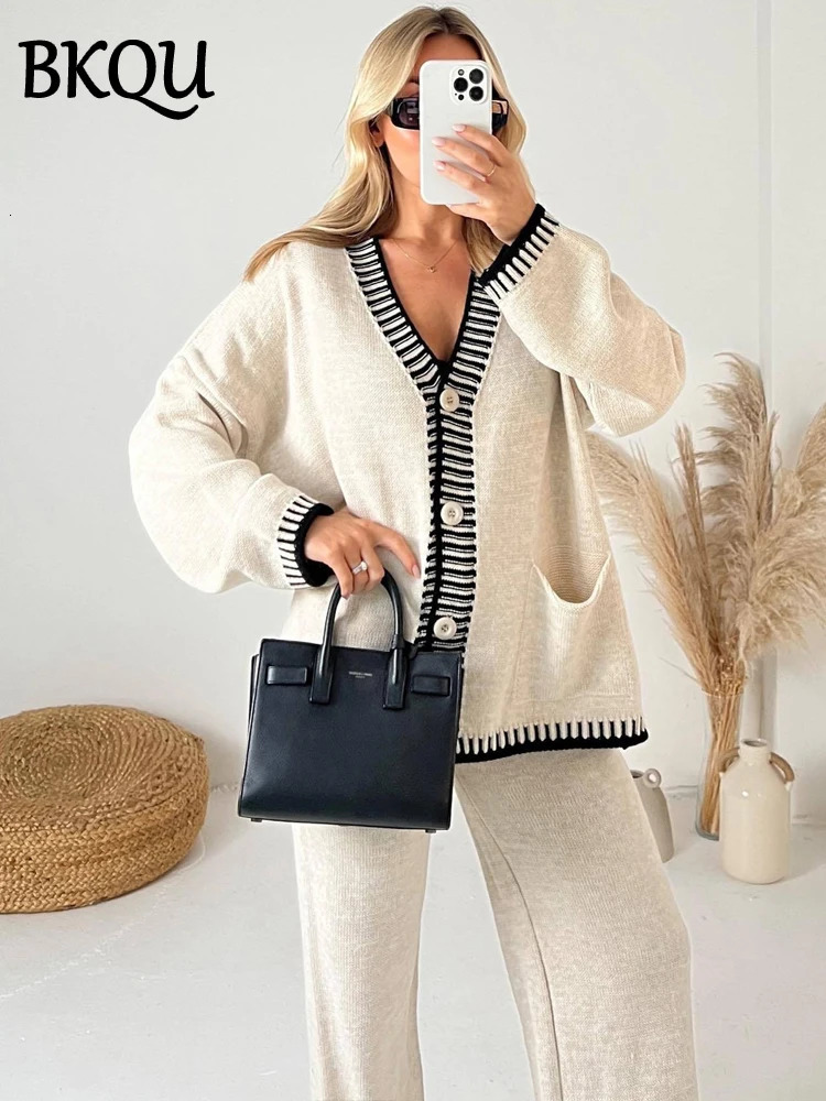 BKQU Knitted Two Piece Set Vneck Button Cardigan Sweater Casual Wide Leg Pants Suits Autumn Winter Lady Tracksuit Outfit 241129
