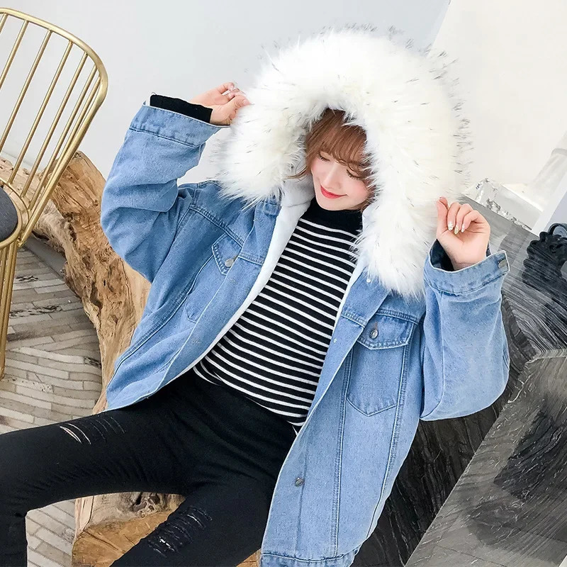 Hooded Denim Coats Pockets Single Breasted Jacket 2024 Autumn Winter Outerwear Thick Warm Comfortable Women Casual Overcoat 241126