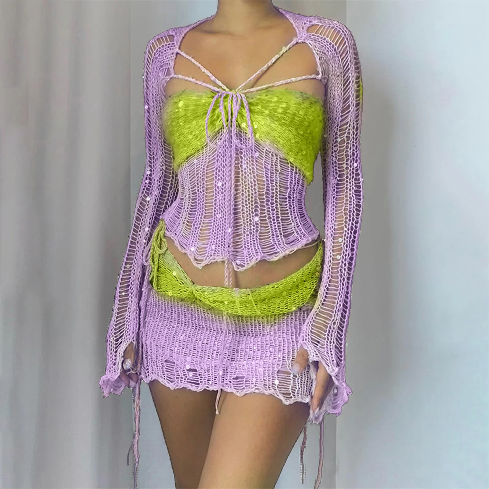 Womens Crochet Sequin 3 Piece Dress Crop Top Long Sleeve Split Knitted Y2k Fashion Summer Sequins Mini Short Skirt 240423