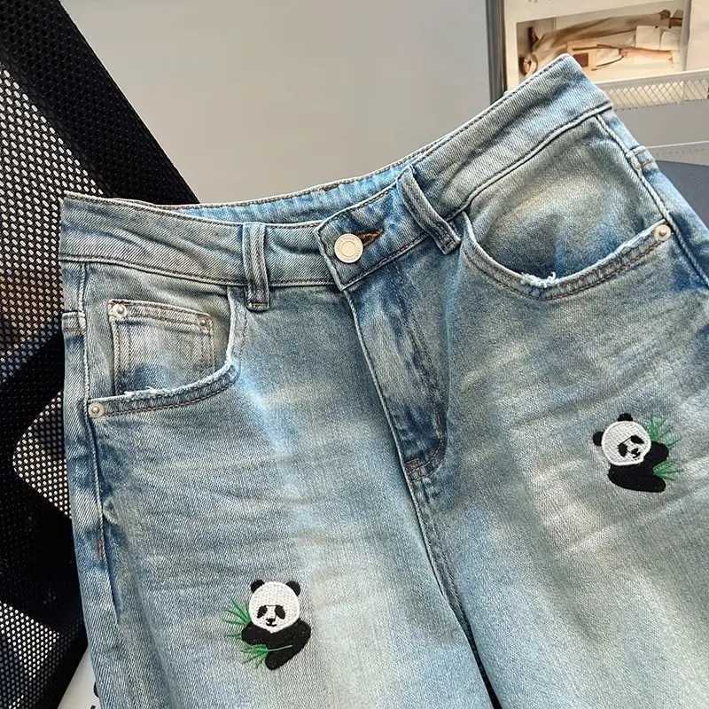 Women's Jeans Embroidered Panda Straight Jeans Female Summer High Waist Design Sense Casual Fashion Temperment Ultra Thin Wide Leg Pants H241130