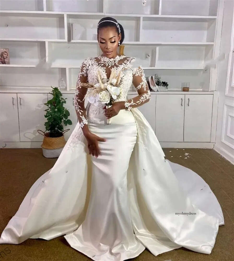 Vintage Sexy Mermaid Wedding Dress For Black Girls 2024 Pearls Appliques Lace African Bridal Gowns O-Neck Formal Dresses Robe 0431