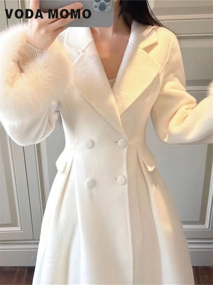 Women Winter Outerwear Clothes Warm Detachable cuff hair Wool Overcoat lady Elegant Casual Woolen Coat Retro Solid Chic 2024 241129