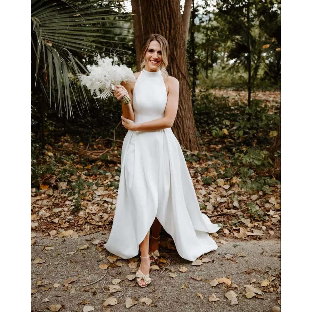 Country A Line Wedding Dresses Halter Neck Sexy Backless Brdial Gowns 2022 New Style Side Split Robe De Soiree 0431