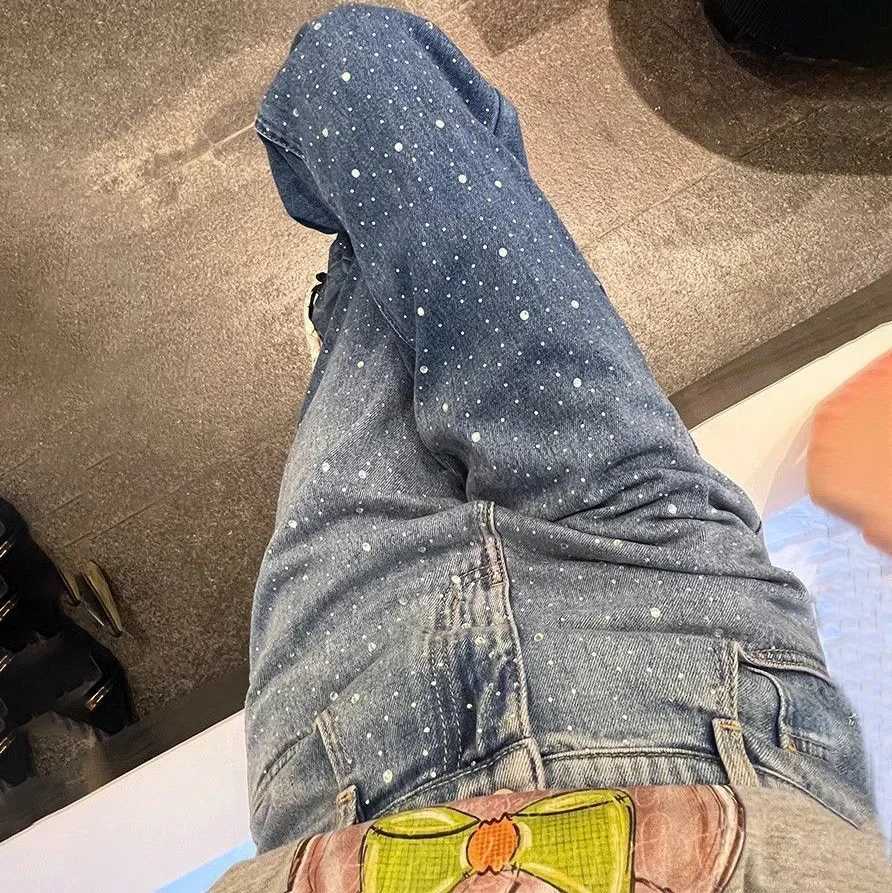 Women's Jeans Fashion Embroidered Diamond Pocket Jeans Womens High Waist Wide Leg T-shirt Womens Casual Jeans A140 H241130